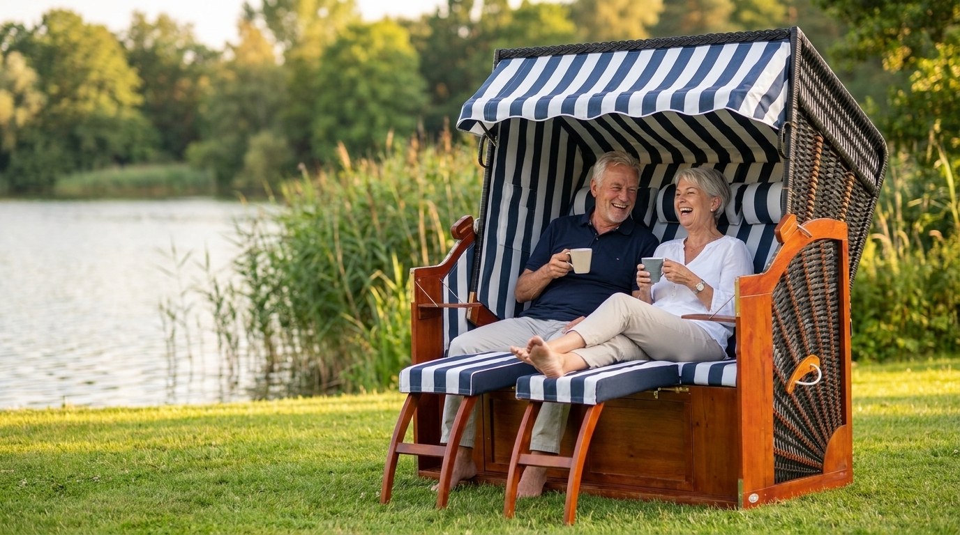 Entspanntes Paar geniesst Kaffee in einem blau-weiss gestreiften Strandkorb am See